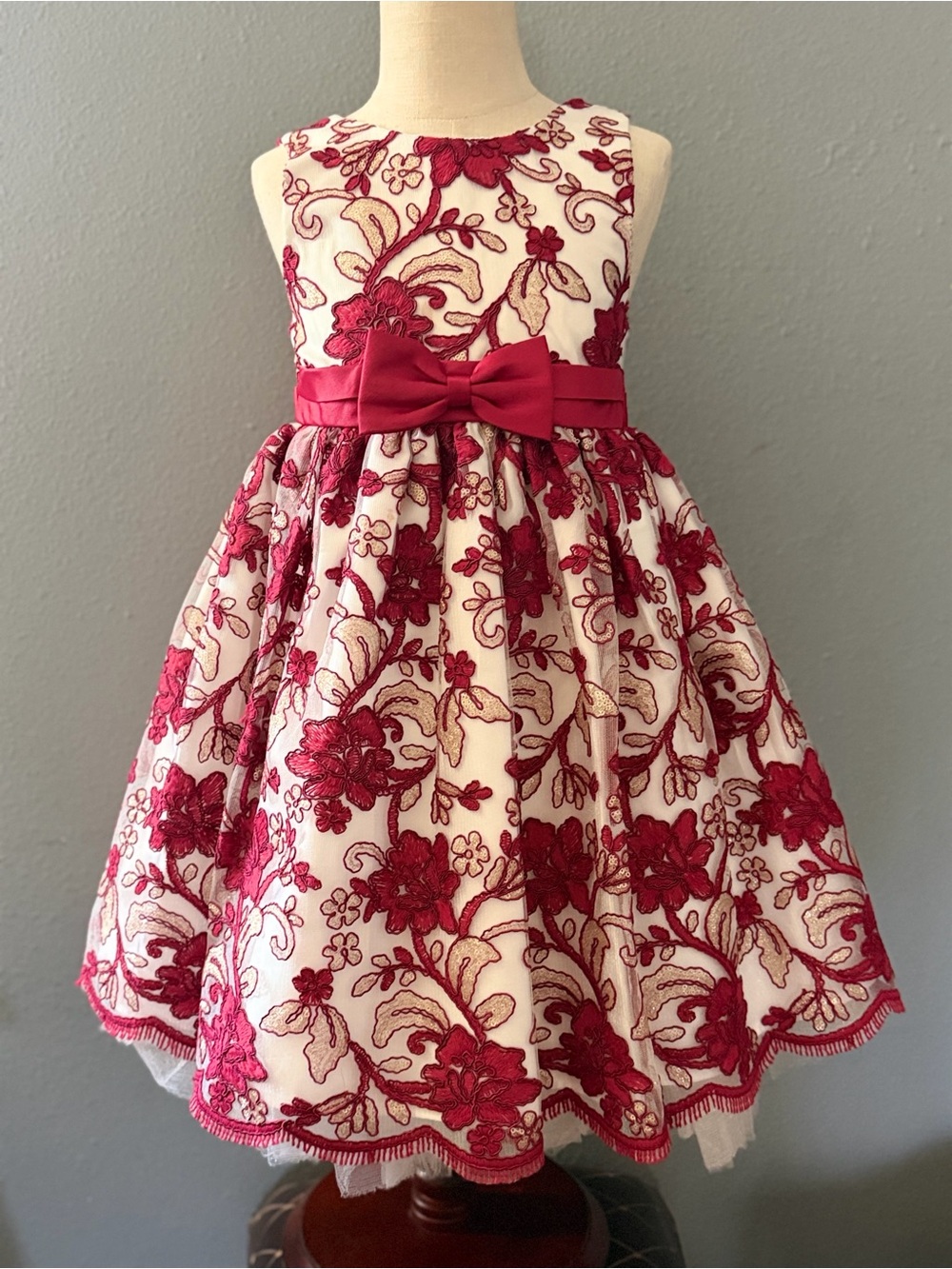 American Princess Cream and Burgundy Floral Party Dress with Bow